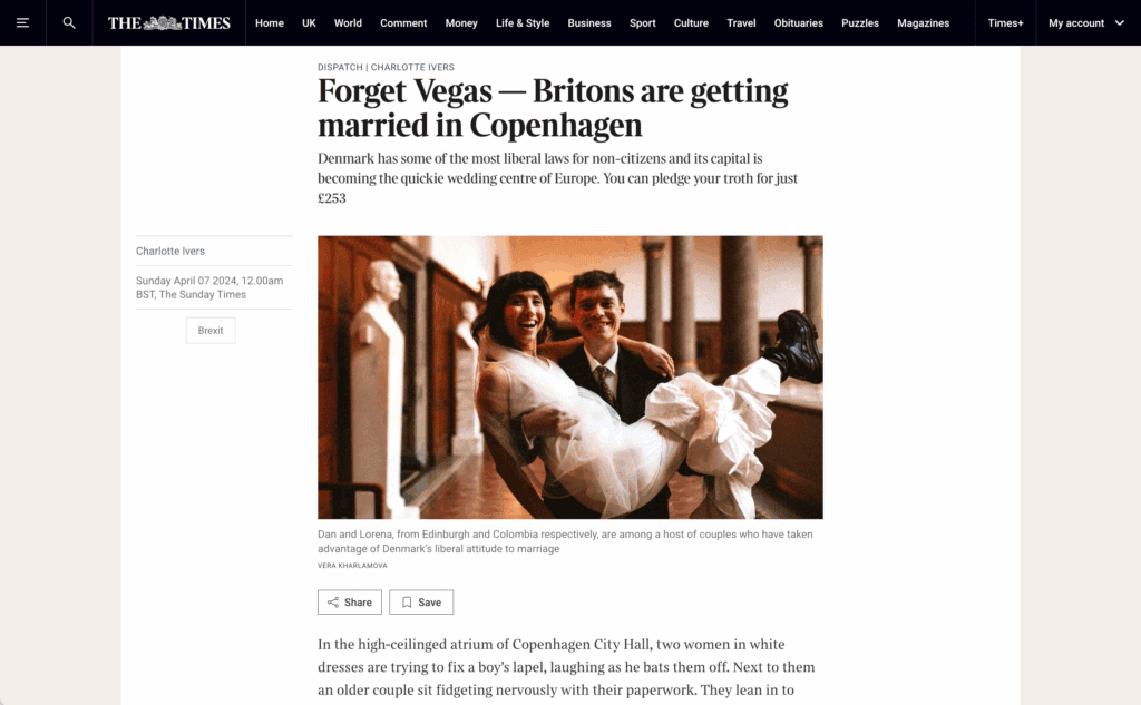 Getting Married in Denmark The Sunday Times article Hero Section