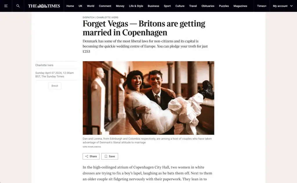 Getting Married in Denmark The Sunday Times article Hero Section